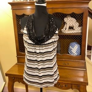❤️Donna Degnan Striped Sleeveless Top with Black Sequined Cowl Neck.  Sz M.
